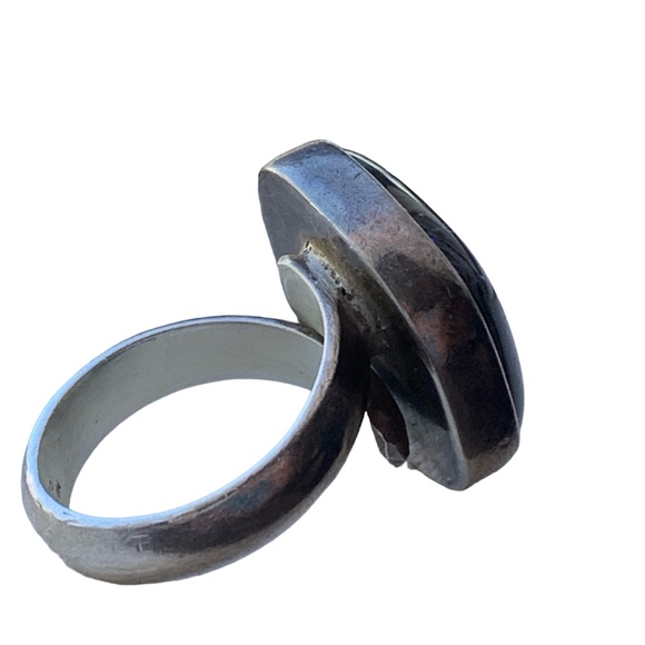 Mexico Modernist Sterling Silver Bright Cobalt Blue Glass Unisex Ring Jewelry - Picture 5 of 8